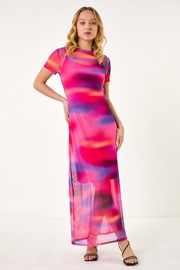 Roman Dusk Pink Blurred Mesh Maxi Dress