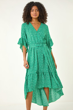 Roman Dusk Green Ruffle Sleeve Ditsy Dress