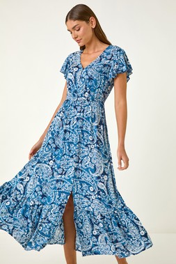 Roman Navy Paisley Print Crinkle Maxi Dress