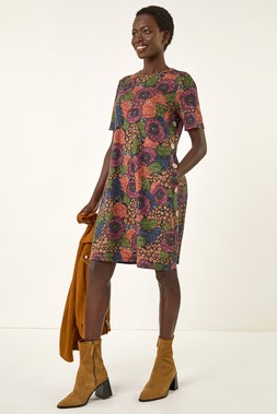 Roman Multi Floral Shift Buttoned Dress