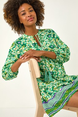 Roman Floral Print Border Smock Dress