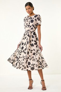 Roman Flower Print Pleat Neck Midi Dress