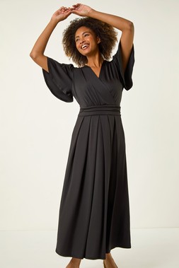 Roman Black Tie Back V-Neck Stretch Midi Dress