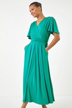 Roman Jade Tie Back V-Neck Stretch Midi Dress