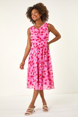 Roman Pink Floral Print Chiffon Cowl Neck Dress
