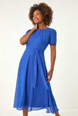 Roman Blue Pleat Chiffon Belted Midi Dress