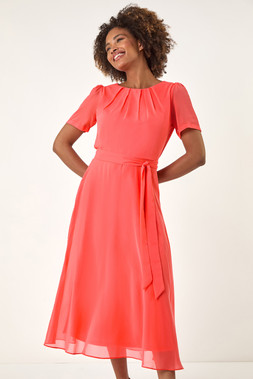Roman Coral Pleated Chiffon Midi Dress