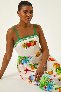Roman Ivory Fruit Print Strappy Midi Dress