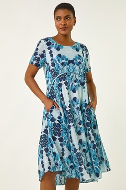 Roman Blue Abstract Print Smock Dress