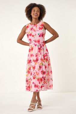 Roman Pink Floral Pleated Chiffon Midi Dress