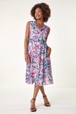 Roman Lilac Abstract Print Chiffon Cowl Neck Dress
