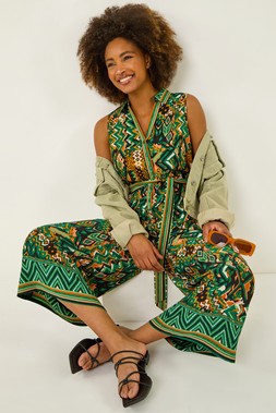Roman Green Zig Zag Print Full Length Jumpsuit
