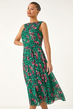 Roman Animal Print Pleated Midi Dress