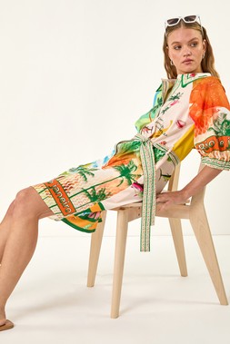 Roman Landscape Print Tie Waist Shirt Dress