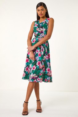 Roman Black Floral Print Chiffon Cowl Neck Dress