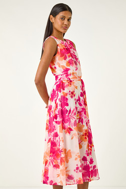 Roman Floral Pleated Neck Midi Dress