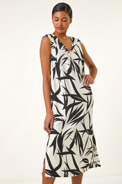 Roman Black Leaf Print Zip Front Midi Dress