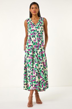 Roman Purple Abstract Print Sleeveless Midi Dress
