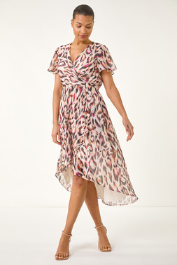 Roman Brown Leopard Ruffle Front Dress