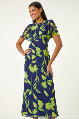 Roman Navy Leaf Print Back Tie Midi Dress