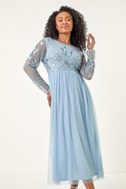 Roman Petite Blue Embellished Mesh Dress
