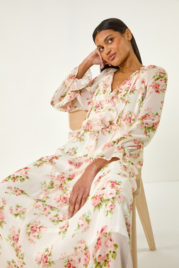 Roman Cream Floral Frill Midi Dress
