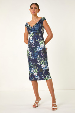 Roman Floral Print Bardot Stretch Midi Dress