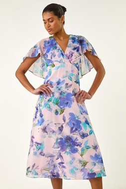 Roman Lilac Floral Print Cape Back Midi Dress