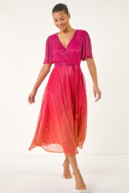 Roman Orange Ombre Plisse Midi Wrap Dress