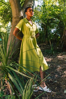 Roman Linen Look Belted Shirt Dress
