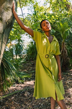 Roman Linen Look Belted Shirt Dress