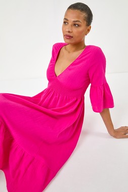 Roman Fuchsia Linen Look Shirred Dress