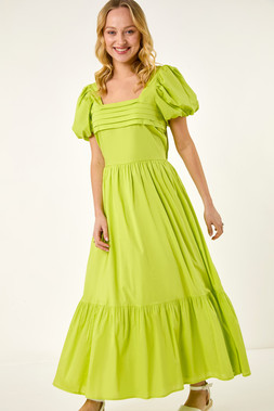 Roman Dusk Pleated Puff Midi Dress