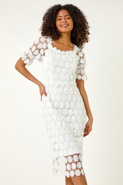 Roman Dusk White Sun Crochet Midi Dress