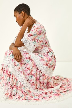 Roman Floral Lace Trim Maxi Dress