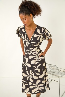 Roman Dusk Black Swirl Print Ric Rac Dress