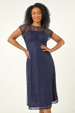 Roman Petite Navy Lace Stretch Midi Dress