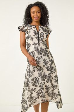 Roman Petite Black Floral Print Tipped Edge Midi Dress