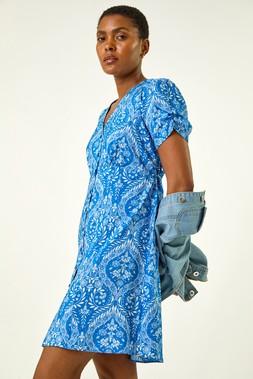 Roman Daisy Print V-Neck Tea Dress