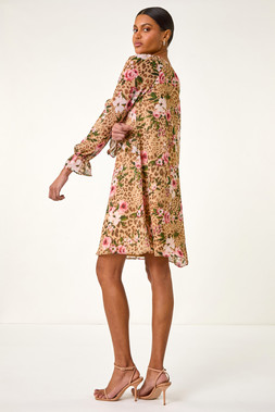 Roman Neutral Floral Animal Print Frill A-Line Dress