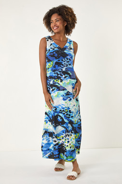 Roman Blue Abstract Linen Mix Midi Dress