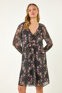 Roman Black Floral Frill A-Line Dress