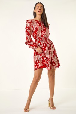 Roman Dusk Red Foil Paisley Dress