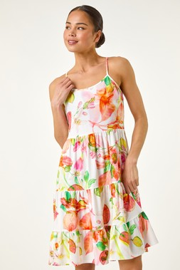 Roman Petite Ivory Fruit Print Strap Tiered Dress