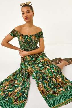 Roman Abstract Bardot Shirred Maxi Dress