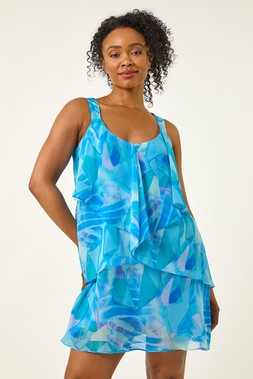 Roman Petite Blue Abstract Tiered Dress