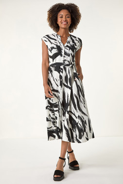 Roman Black Brushstroke Linen Mix Midi Dress
