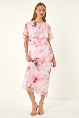 Roman Pink Floral Frill Chiffon Cape Midi Dress