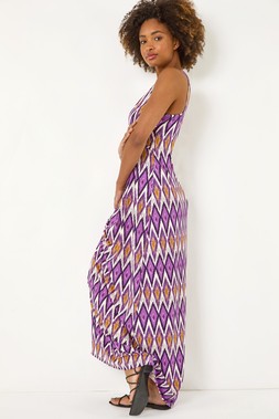 Roman Purple Geometric V-Neck Maxi Dress