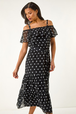 Roman Black Spot Print Bardot Midi Dress
